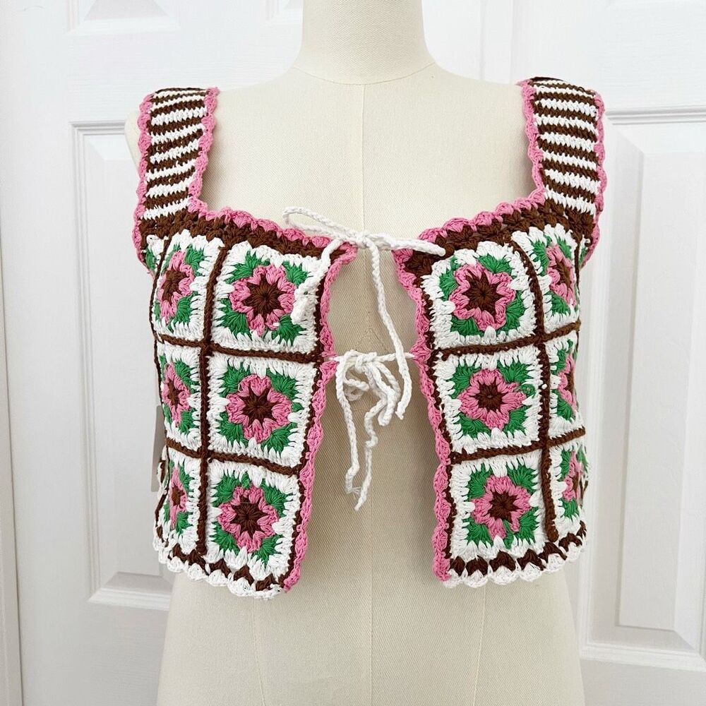Maeve Womens Multicolor Granny Square Crochet Floral Tank Vest One‎ Size NWT